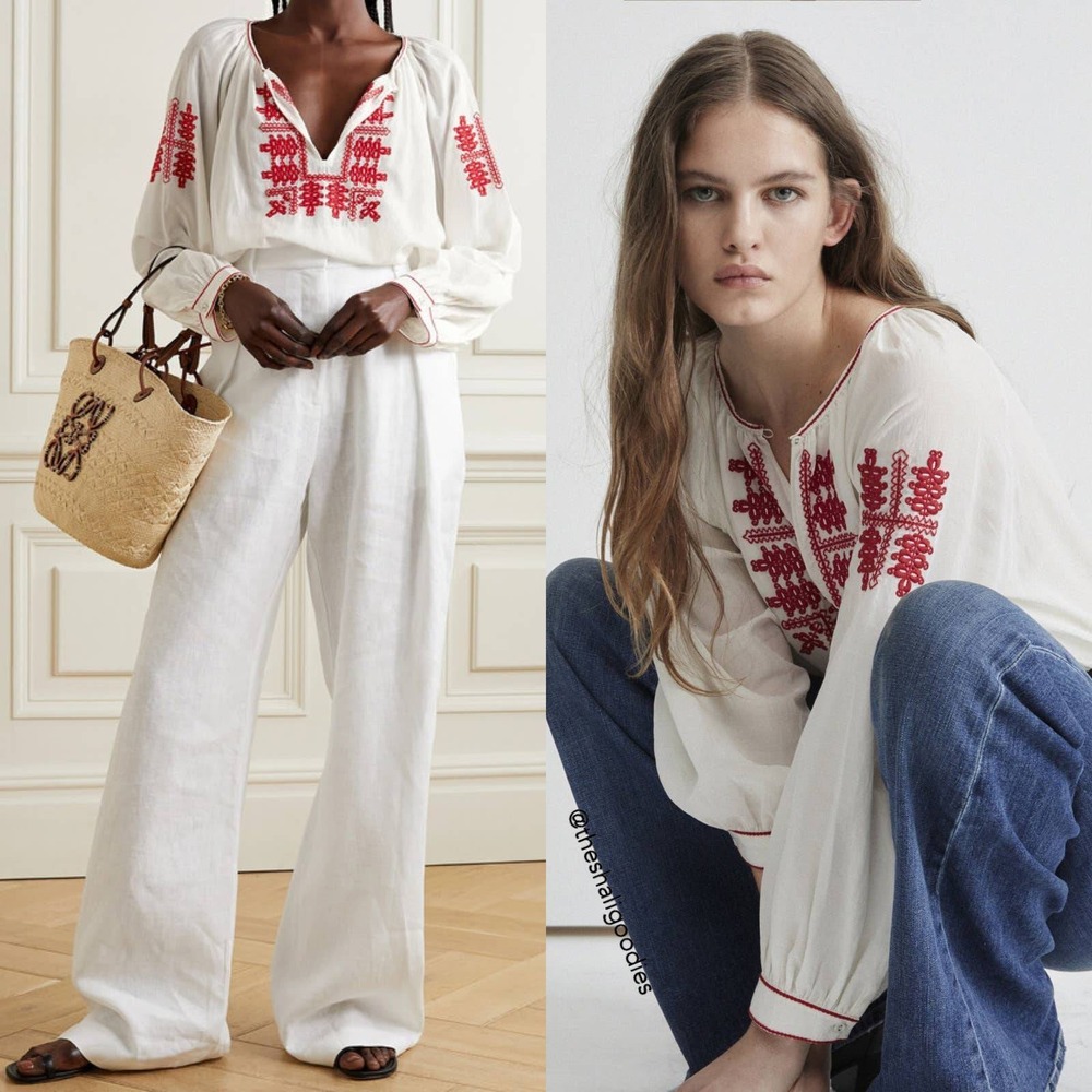Nili Lotan Embroidered Peasant Blouse White Red Boho Coastal Top Small